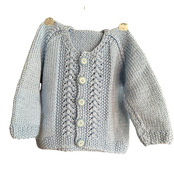 Vintage Hand Knit Baby Blue Baby Cardigan Sweater | Size 12 months approx - Picture 1 of 5